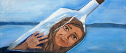 Graphic of a bottle floating in the ocean and a woman trapped inside looking distressed